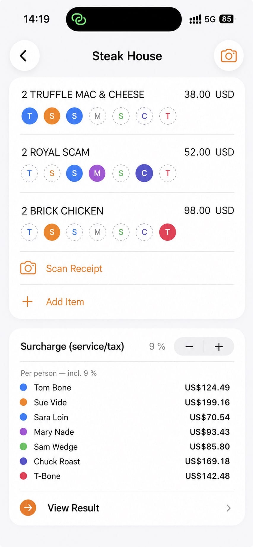 Assigning items to people and adding a surcharge